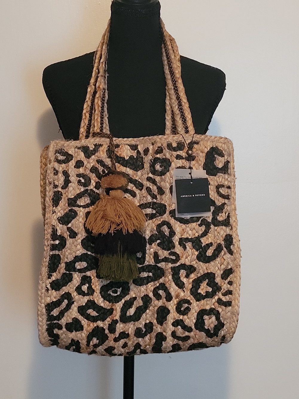 America & Beyond Leopard-Print Straw Tote in Beige & Black